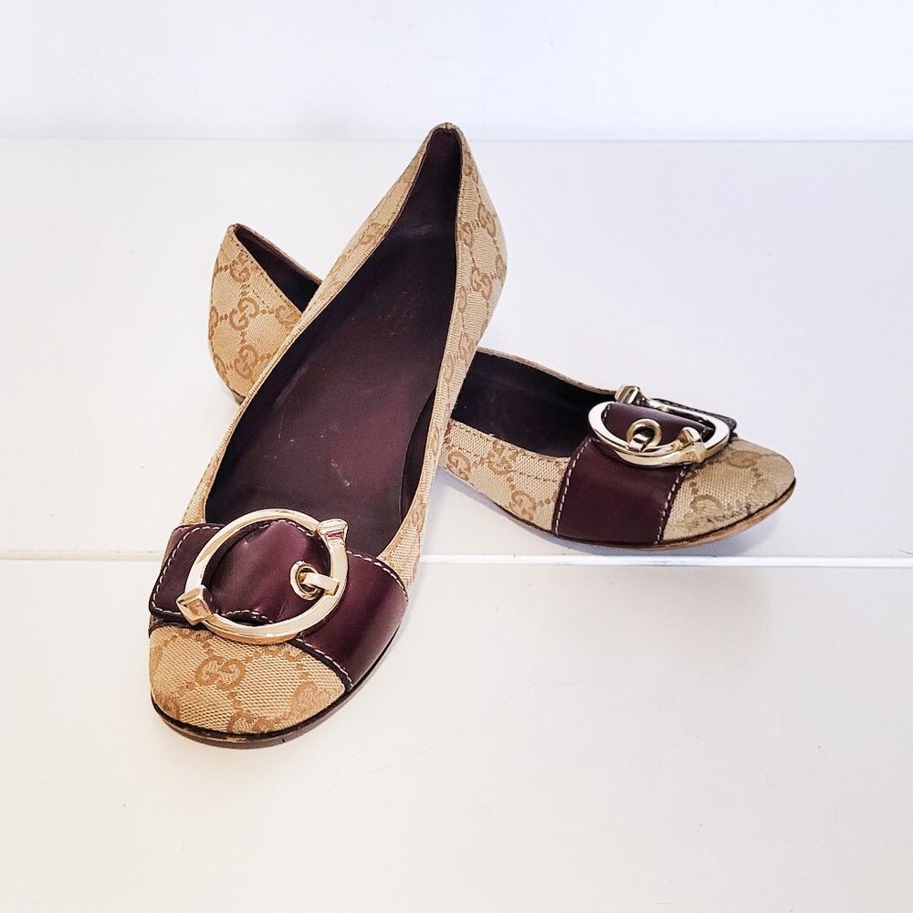 Gucci Brown Leather and GG Canvas Buckle Detail Ballet Flats - Size 8.5